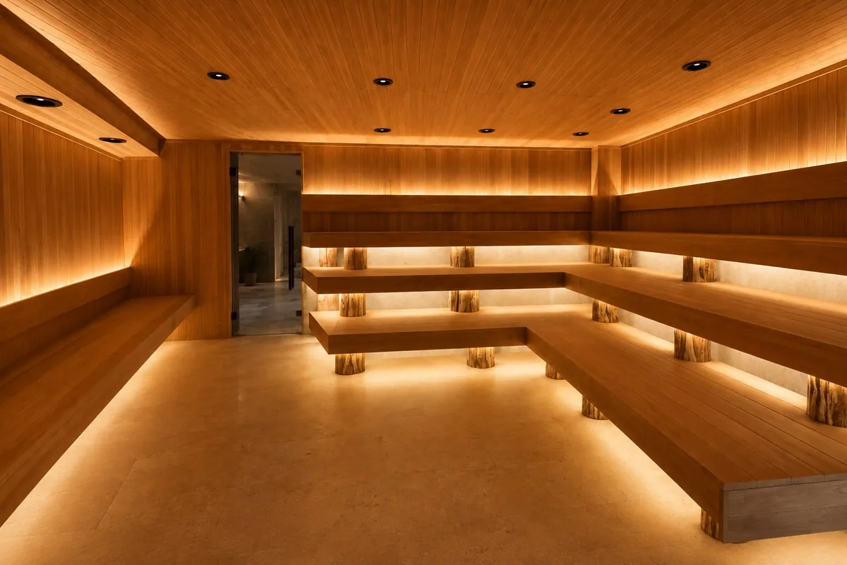 Interior del sauna de Koti Polanco, con bancas escalonadas e iluminación cálida