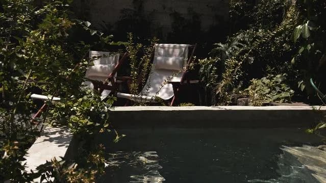 Jardín de Kurhaus con zona de inmersión y sillas de descanso entre plantas